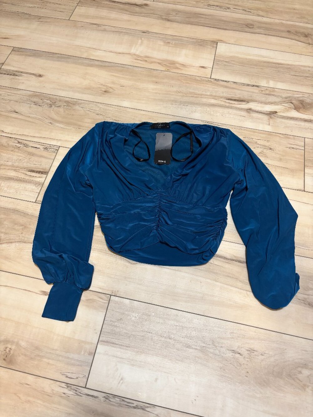 Teal ruched long-sleeve crop top (NWT)
